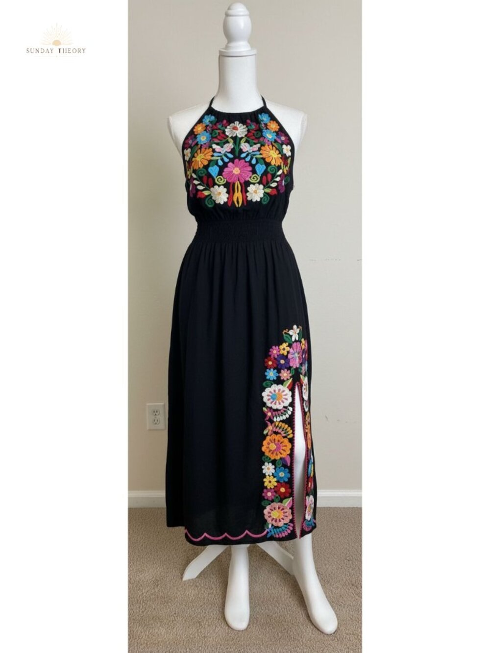Mexican Floral Embroidered Halter Maxi Dress with Side Slit Boho Style